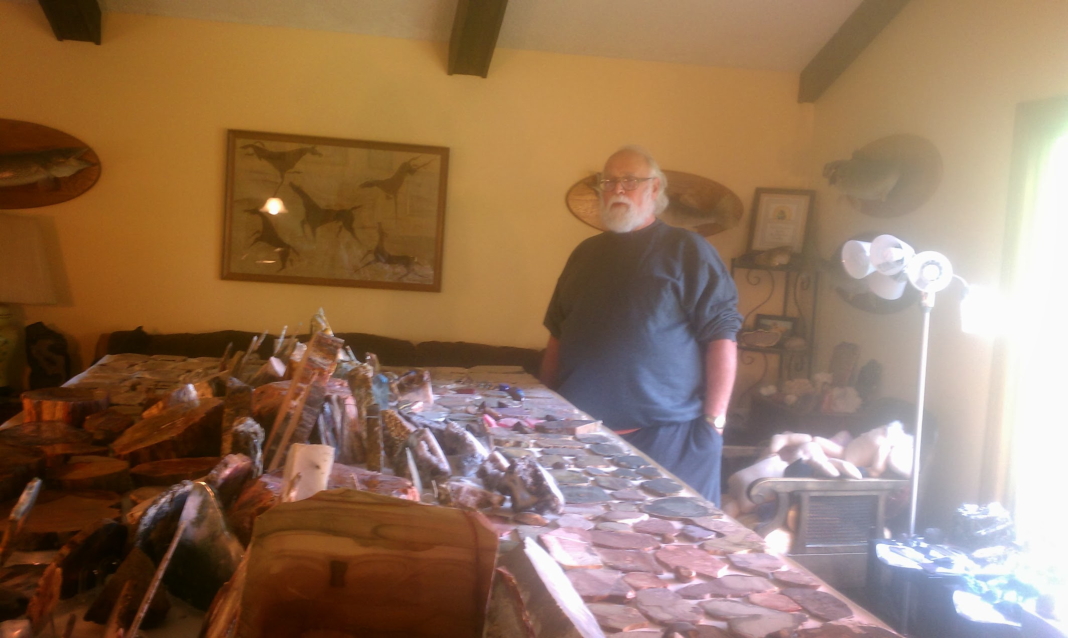 Alan Vonderohe among his lifelong collection of rocks and minerals at home